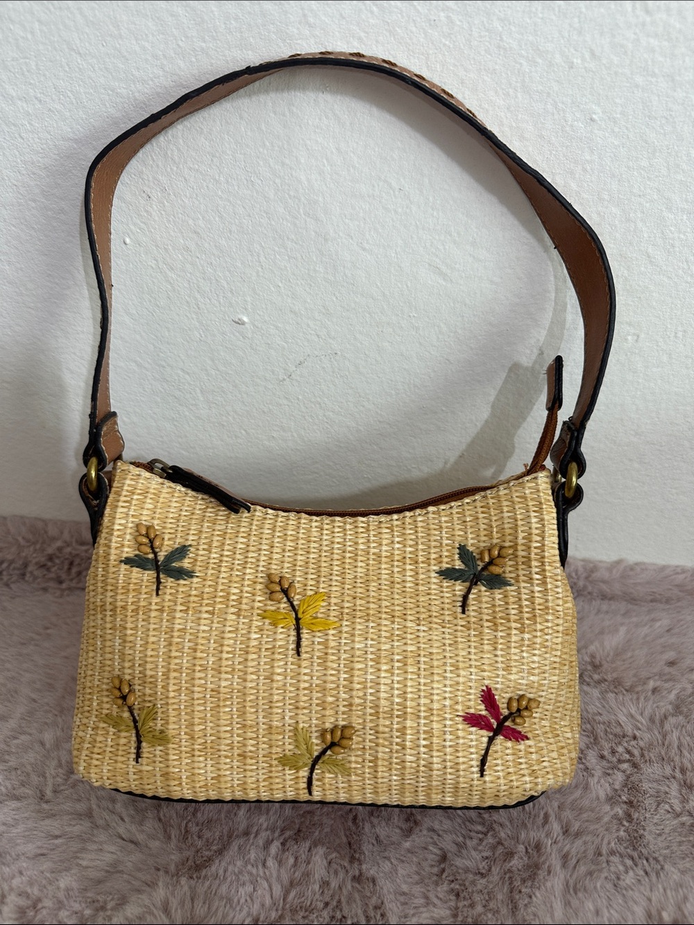 Fossil Natural Straw Shoulder Bag with Multicolor Floral Embroidery